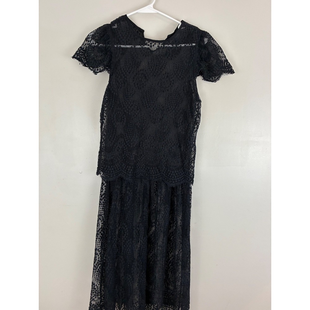 Sheer Lace Midi Dress Women Small Black Floral Scalloped Short Sleeve Goth